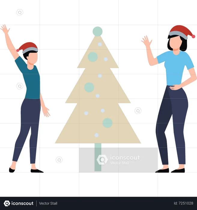 Um menino e uma menina estão decorando uma árvore de Natal  Ilustração