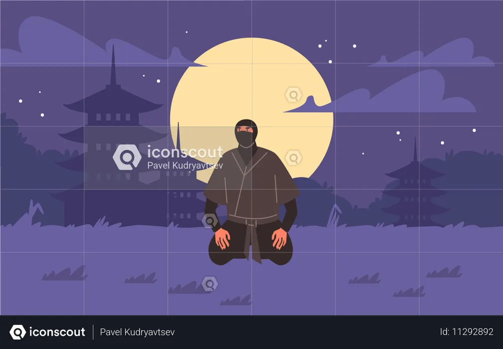 Um ninja em trajes tradicionais ajoelha-se sob o céu iluminado pela lua  Ilustração