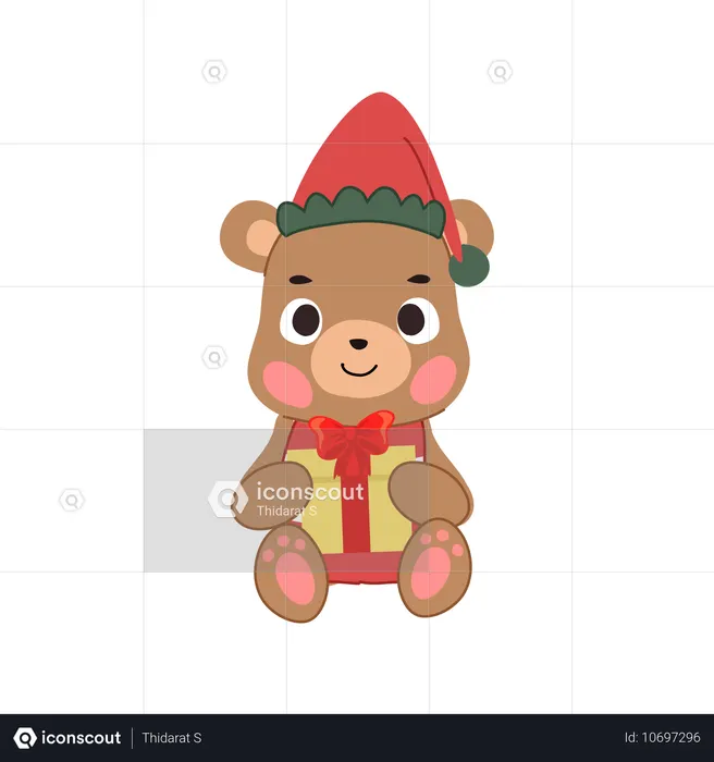 Um urso fofo vestido com roupas de inverno segurando uma caixa de presente colorida  Ilustração