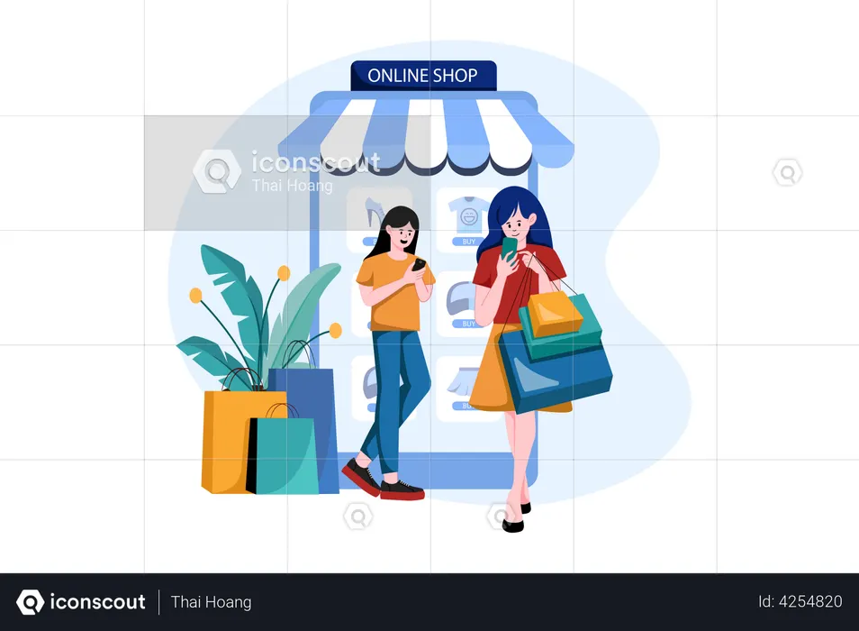 Uma garota procurando um item em uma loja online.  Ilustração