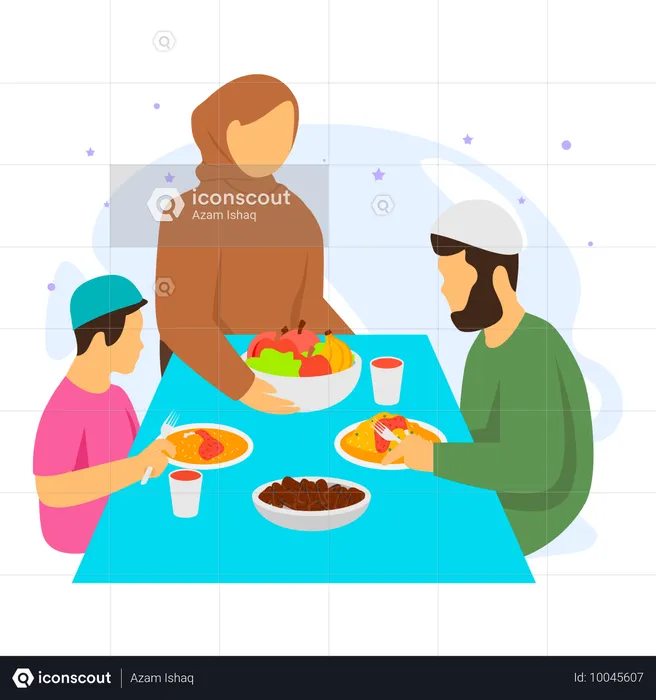 Uma mãe preparando e servindo sua família durante a refeição do Iftar  Ilustração