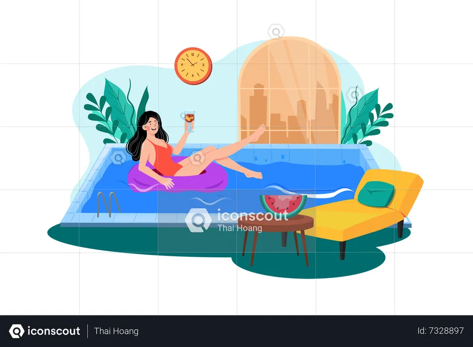 Uma mulher aproveita para nadar pela manhã na piscina do hotel durante as férias  Ilustração