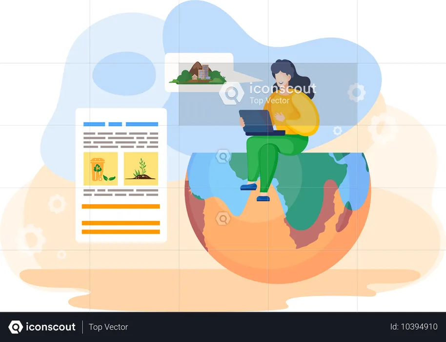 Uma mulher senta-se no globo com um laptop e lê um relatório sobre a situação ecológica do planeta  Ilustração