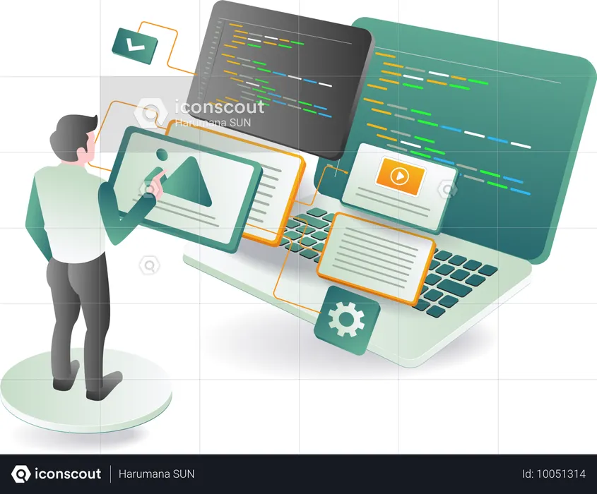 Uma pessoa em pé perto de um laptop com codificação exibida  Ilustração