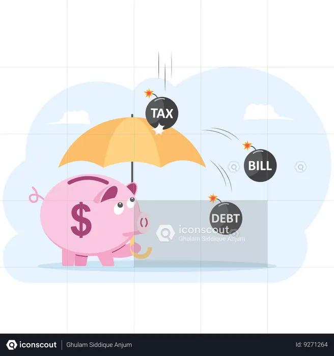 Umbrella protecting piggy bank from debt tax bill  Illustration