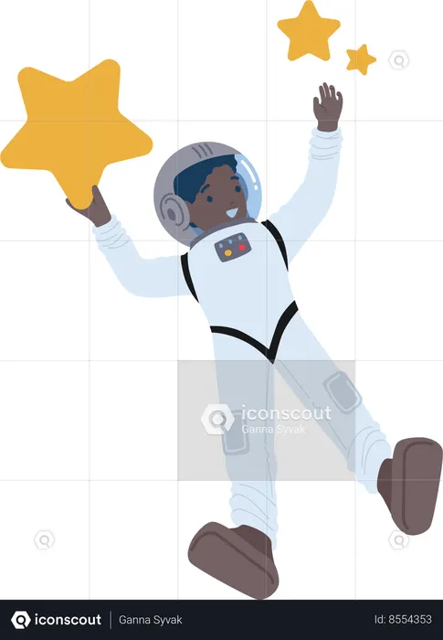 Un astronaute intrépide d’un enfant noir flotte parmi les étoiles  Illustration