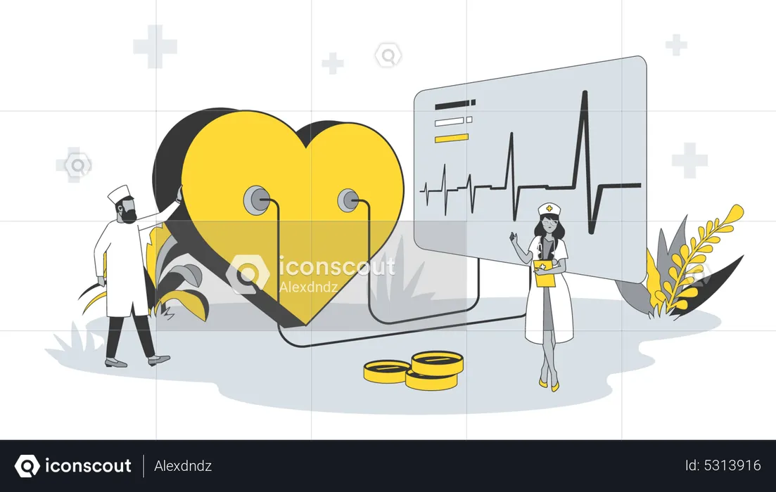 Un cardiologue examine le cœur et une infirmière rédige une ordonnance de médicaments  Illustration