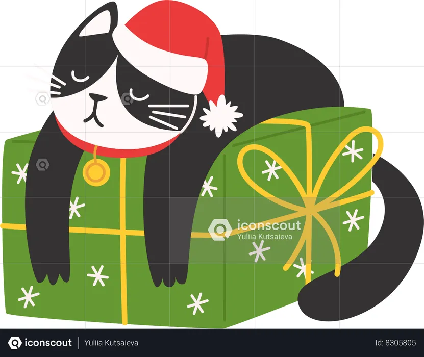 Un chat dans un chapeau de Père Noël se trouve sur la boîte de Noël  Illustration