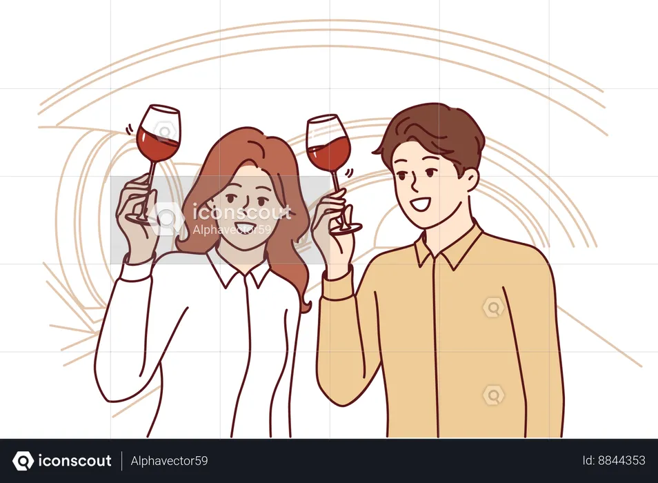 Le couple déguste du vin rouge  Illustration