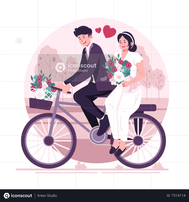 Un couple fait du vélo le jour du mariage  Illustration