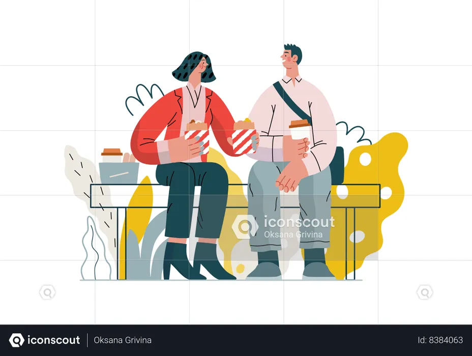 Le couple passe du temps en mangeant du pop-corn dans le jardin  Illustration