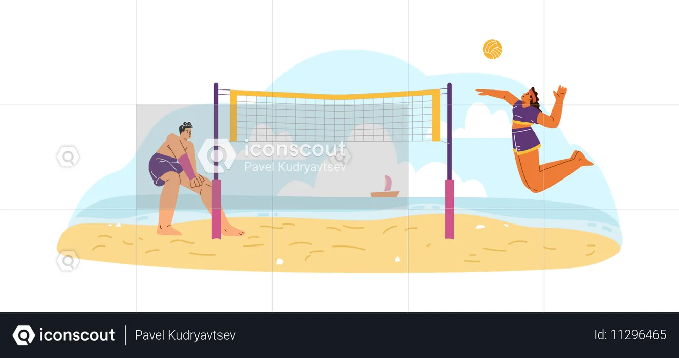 Un couple pratique un sport actif sur une plage de sable au bord de la mer  Illustration