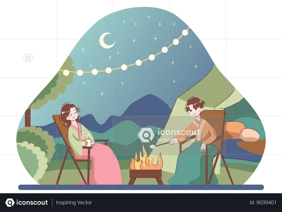 Un couple profite de leur feu de camp  Illustration