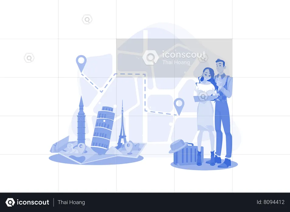 Un couple trouve de nouveaux endroits sur la carte  Illustration