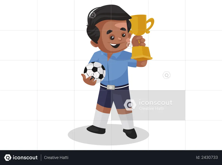 Un écolier remporte un trophée dans un tournoi de football  Illustration