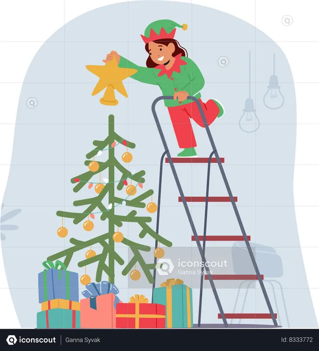 Un enfant joyeux a délicatement posé une étoile au sommet du sapin de Noël  Illustration