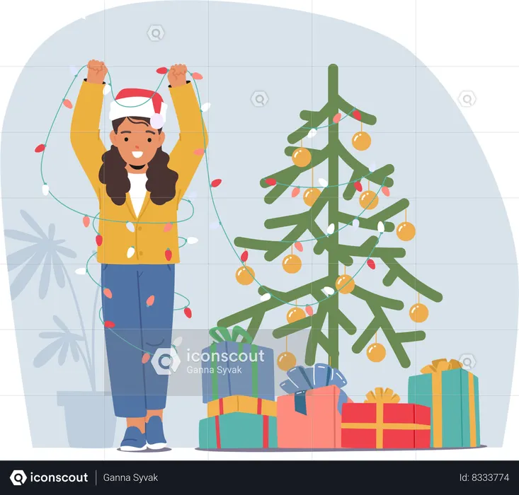 Un enfant joyeux orne un arbre de Noël avec des lumières scintillantes et des ornements colorés  Illustration