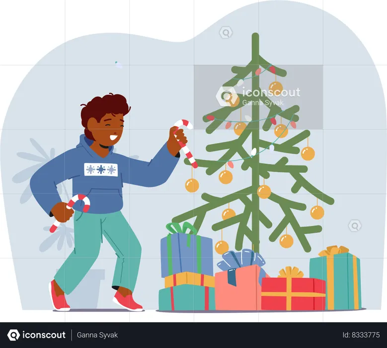 Un enfant orne joyeusement le sapin de Noël avec des ornements colorés  Illustration