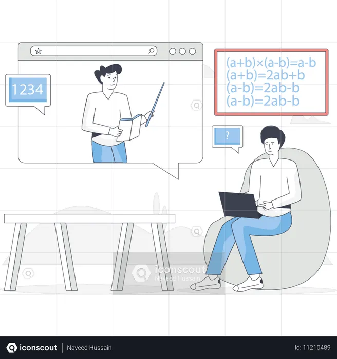 Un enseignant donne un cours de mathématiques en ligne à un élève  Illustration