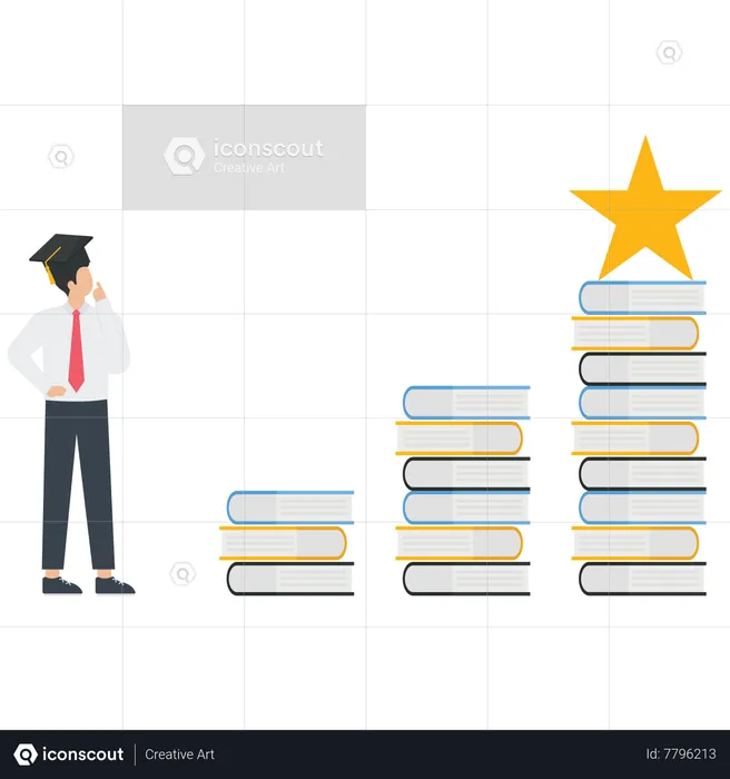 Un étudiant diplômé regarde une étoile au sommet d’une pile de livres  Illustration