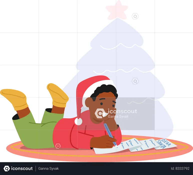 Un garçon allongé sur le sol, un stylo à la main, écrit une lettre sincère au Père Noël  Illustration