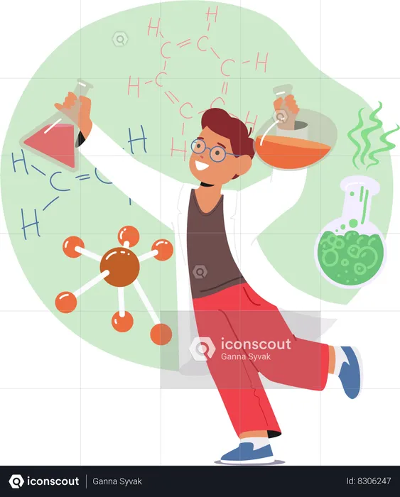 Un garçon curieux se plonge avec passion dans des expériences de chimie  Illustration