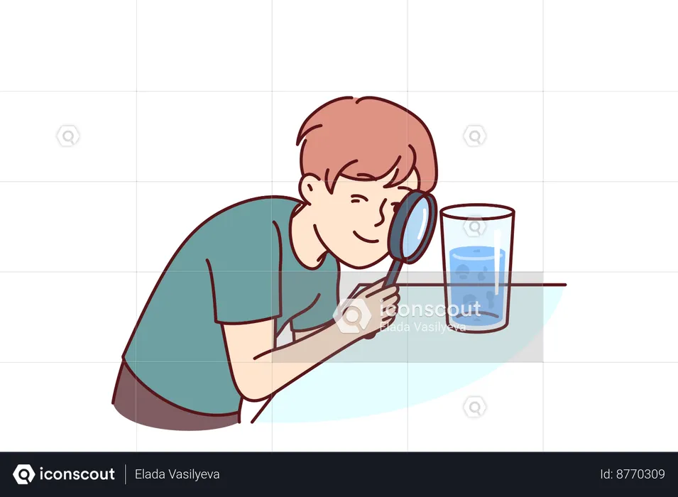 Le garçon examine l'eau à la loupe  Illustration