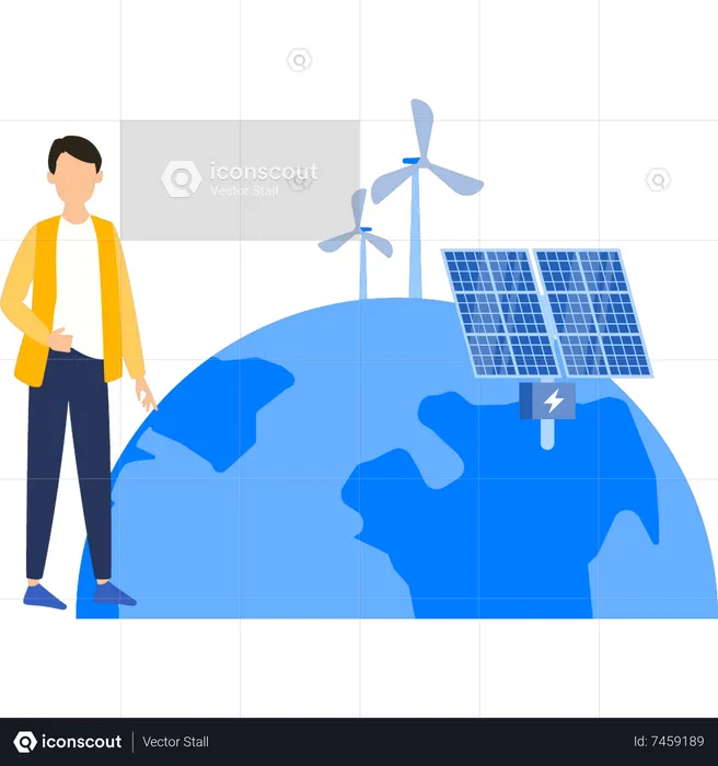 Un garçon produit de l'électricité à partir de l'énergie solaire  Illustration
