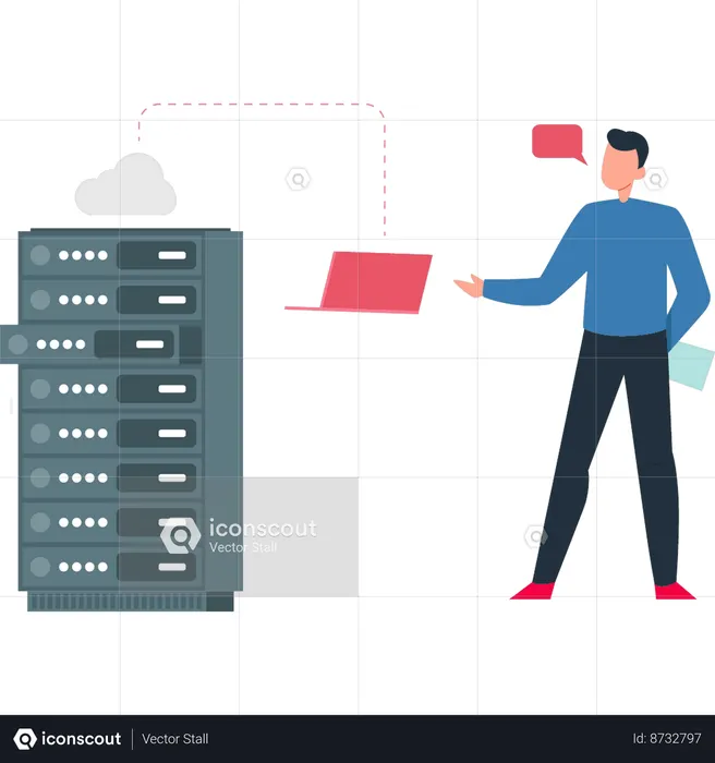 Le garçon montre un ordinateur portable connecté à une base de données cloud  Illustration