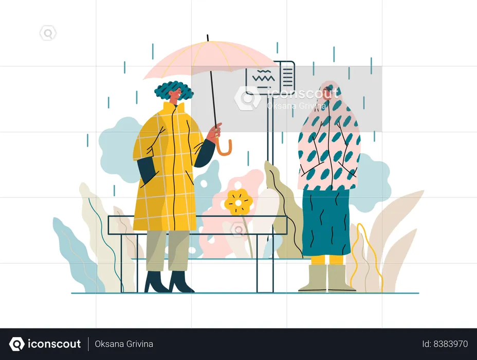 Le garçon offre un parapluie à la fille sous une forte pluie  Illustration