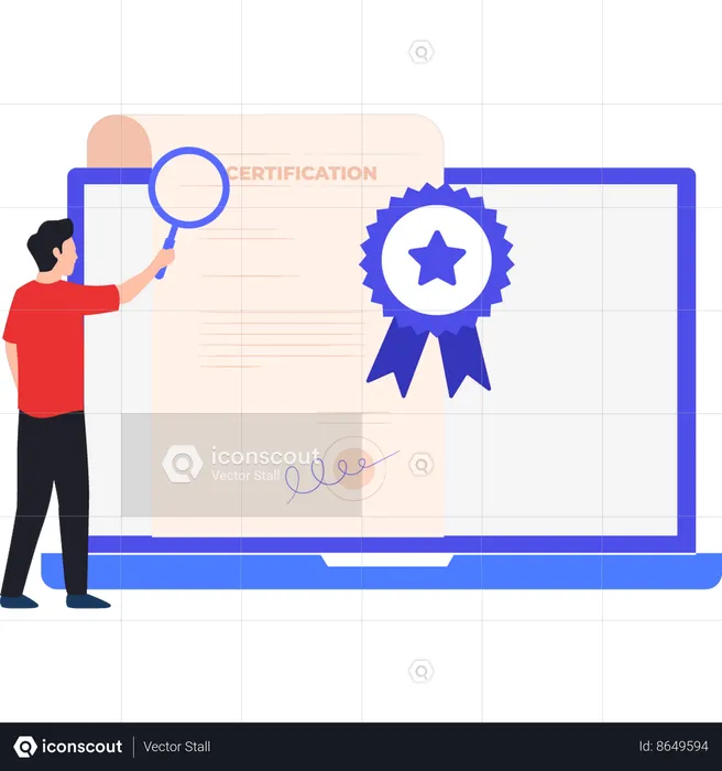 Un garçon fait des recherches sur la certification en ligne  Illustration