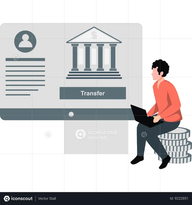 Le garçon transfère de l'argent via les services bancaires en ligne sur un ordinateur portable  Illustration