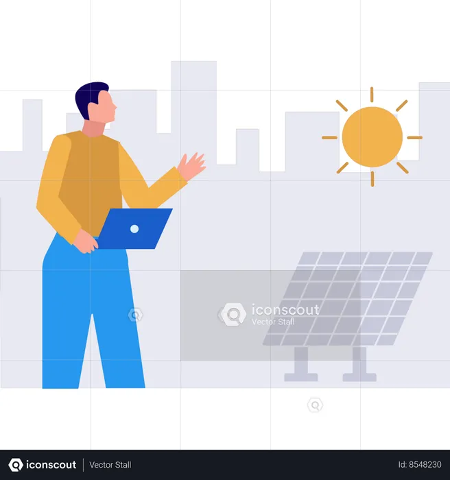 Le garçon travaille sur un ordinateur portable en utilisant l'énergie solaire  Illustration