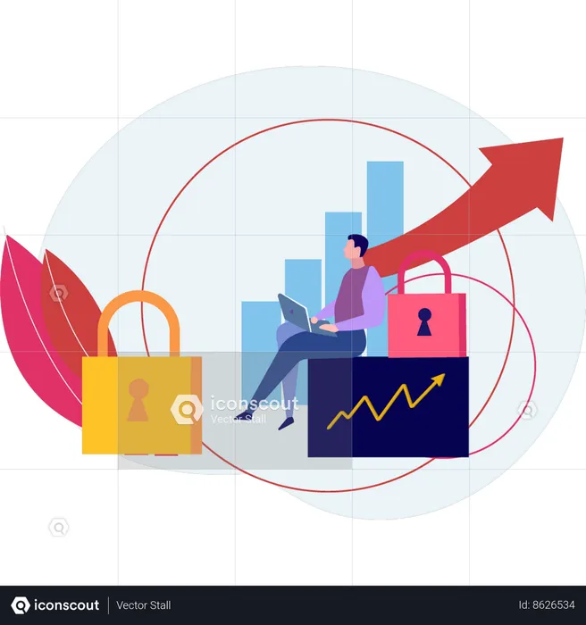 Le garçon utilise un ordinateur portable pour un graphique financier  Illustration