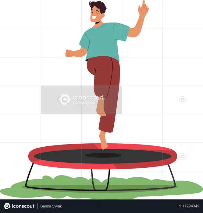 Un hombre alegre disfruta saltando en un trampolín en un entorno recreativo que resalta la diversión  Ilustración