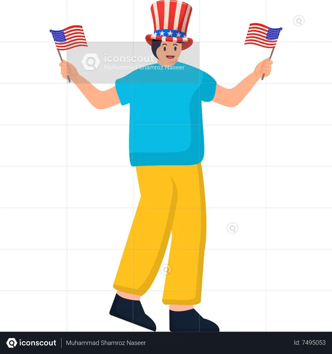 Un Hombre Celebrando El Día De La Independencia Sosteniendo La Bandera De Los Estados Unidos  Ilustración