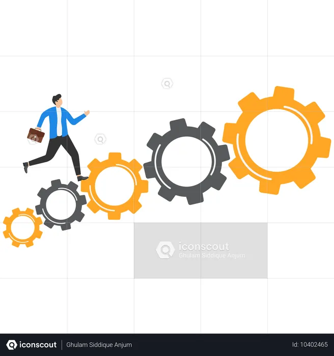 Un hombre con traje de negocios corre a lo largo de un diagrama de engranajes  Ilustración