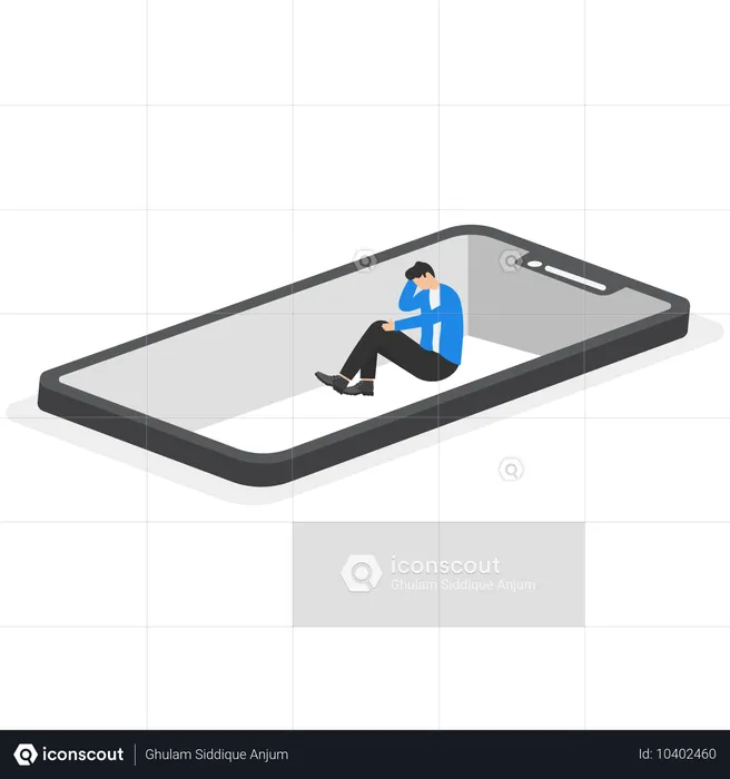 Un hombre con traje de negocios se sienta en un pozo sobre la pantalla de un teléfono inteligente como si estuviera en una trampa  Illustration