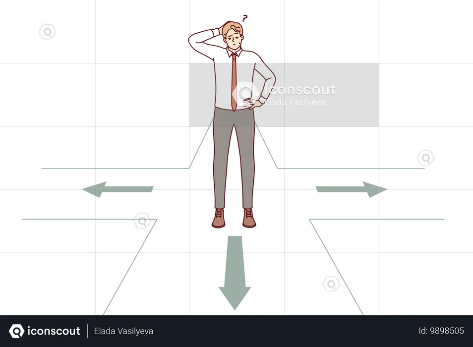 Un hombre de negocios reflexivo toma una decisión en una encrucijada y acepta una decisión difícil  Ilustración