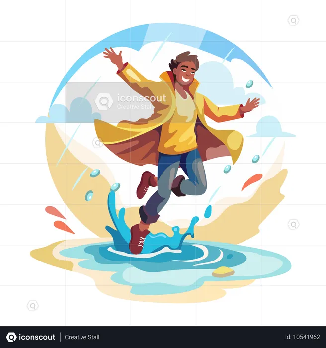 Un hombre disfruta de la lluvia y salta sobre el agua.  Ilustración