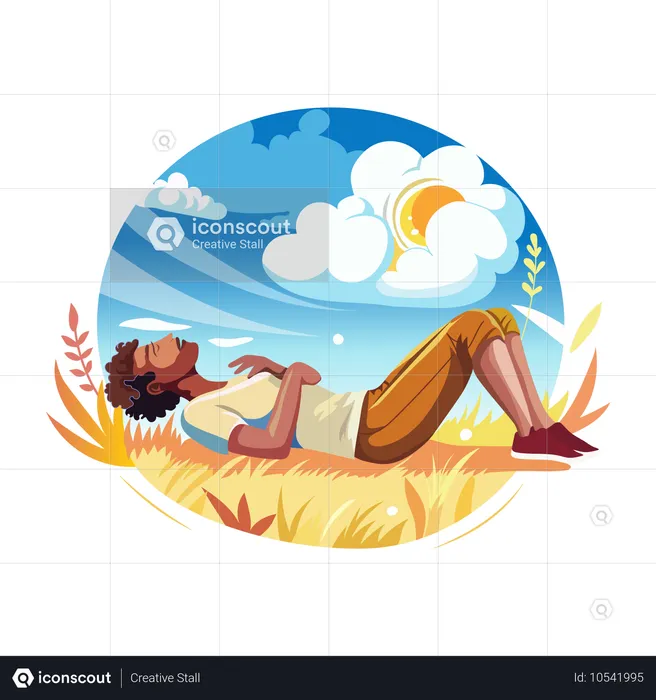 Un hombre durmiendo pacíficamente en el suelo en verano.  Ilustración