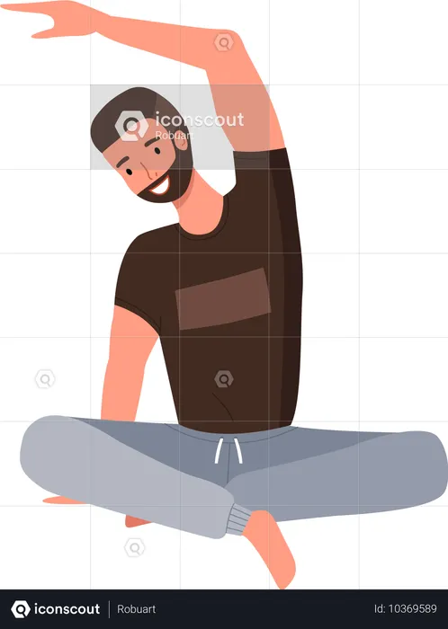 Un hombre haciendo ejercicios de yoga. Un joven en forma con barba sentado en el suelo en posición de loto aislado  Ilustración