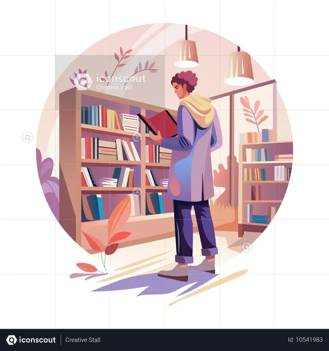 Un hombre leyendo un libro en una biblioteca.  Ilustración