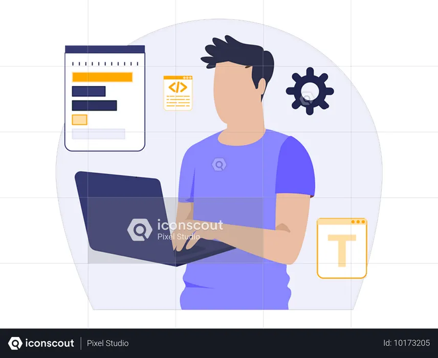 Un hombre sostiene una computadora portátil y mira un informe  Ilustración