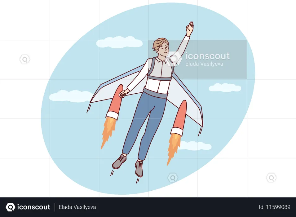 Un hombre vuela con la ayuda de alas de avión en señal de crecimiento profesional o éxito empresarial.  Ilustración