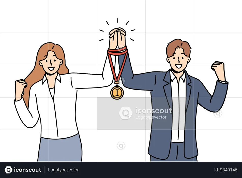 Un hombre y una mujer de negocios en equipo recibieron juntos la medalla de ganador por su excelente trabajo en las tareas asignadas  Ilustración