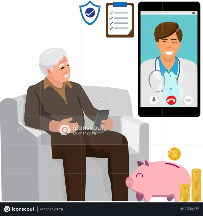 Un homme âgé consulte un médecin en ligne  Illustration