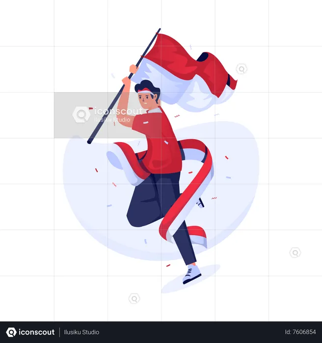 Un homme agitant le drapeau indonésien  Illustration