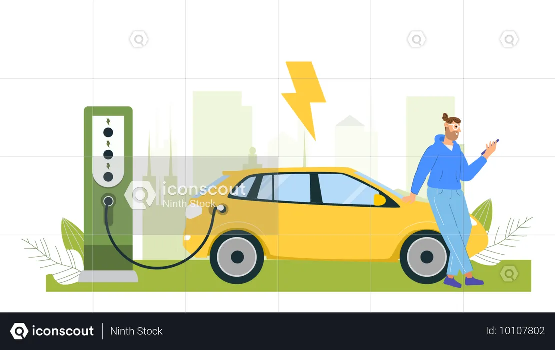 Un homme attend à la station de recharge que sa voiture soit complètement chargée  Illustration