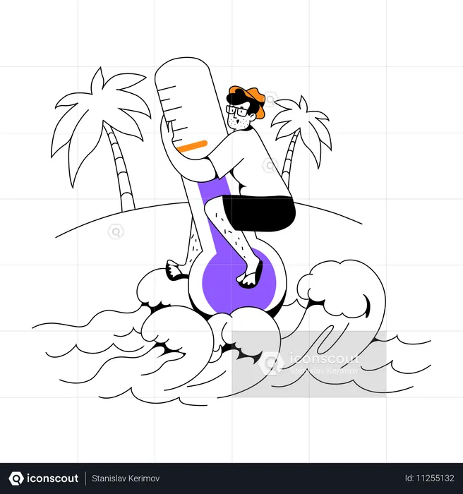 Un homme attend que l'eau de la mer se réchauffe  Illustration